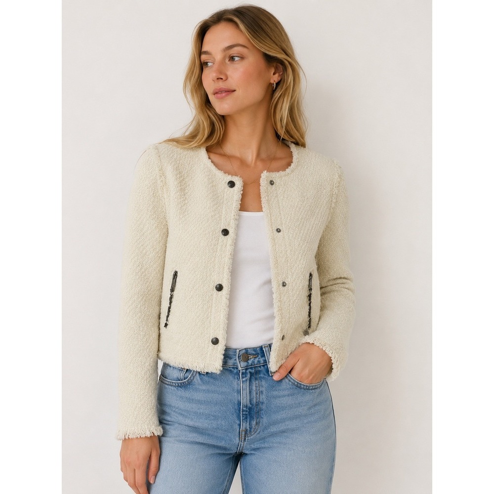 Maison Scotch & Soda Cream Boucle Tweed Fringe Jacket Zipper Pockets Size 1 S